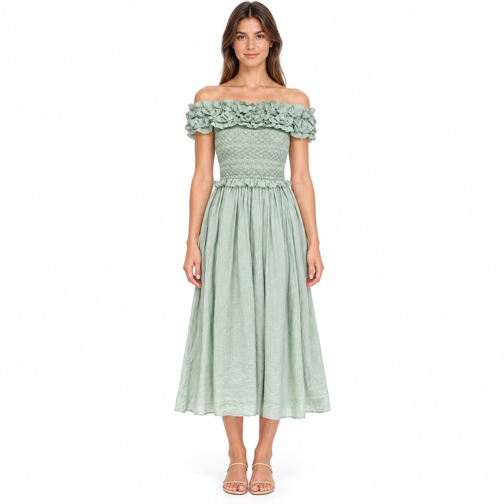 Sea NY Frida Sage Green Ramie Smocked Rosette Ruffle Midi Dress Size S Fit Flare